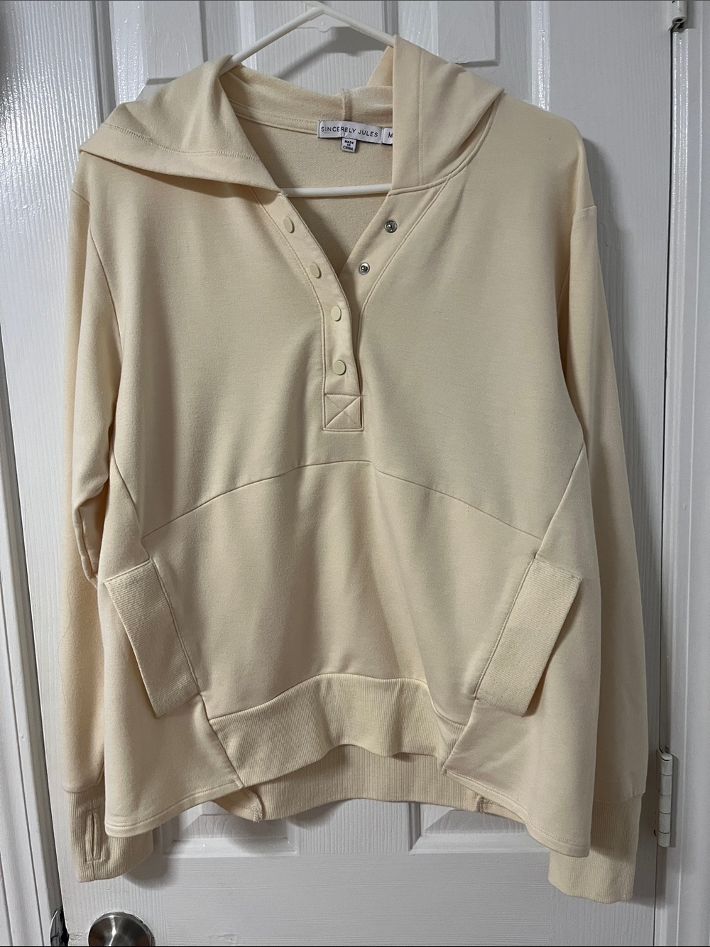 Sincerly Jules Cream Snap-Front Hooded Pullover Sweatshirt